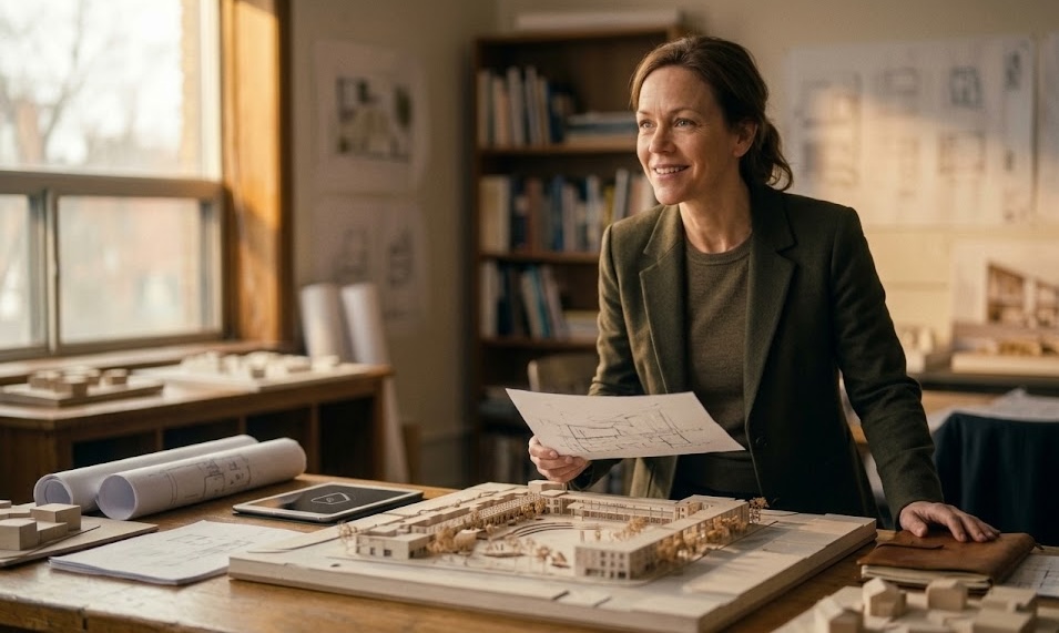 A designer at work with a model of a project