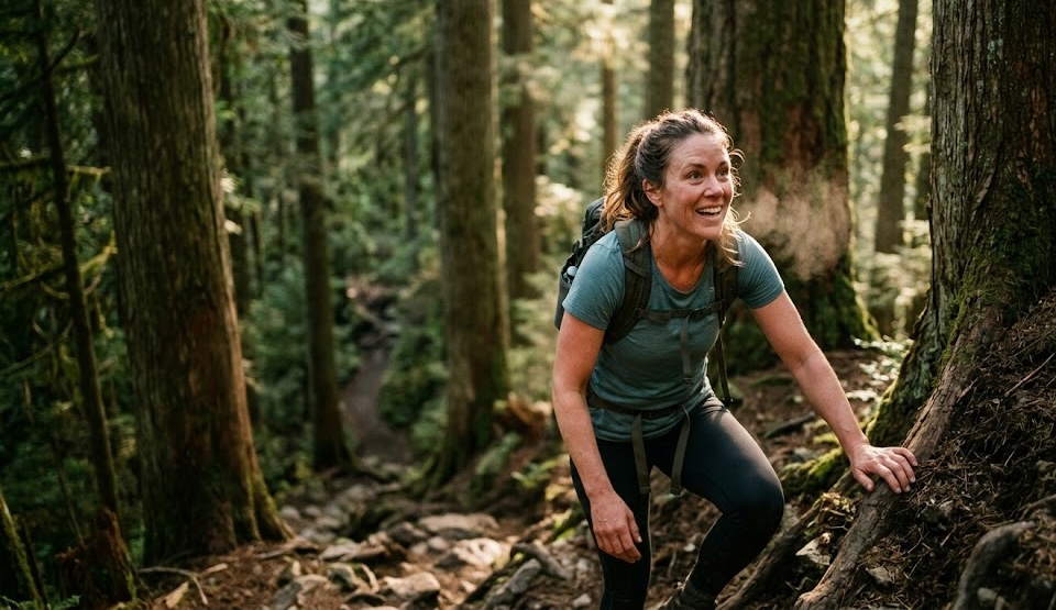 A person climbing a steep forest trail